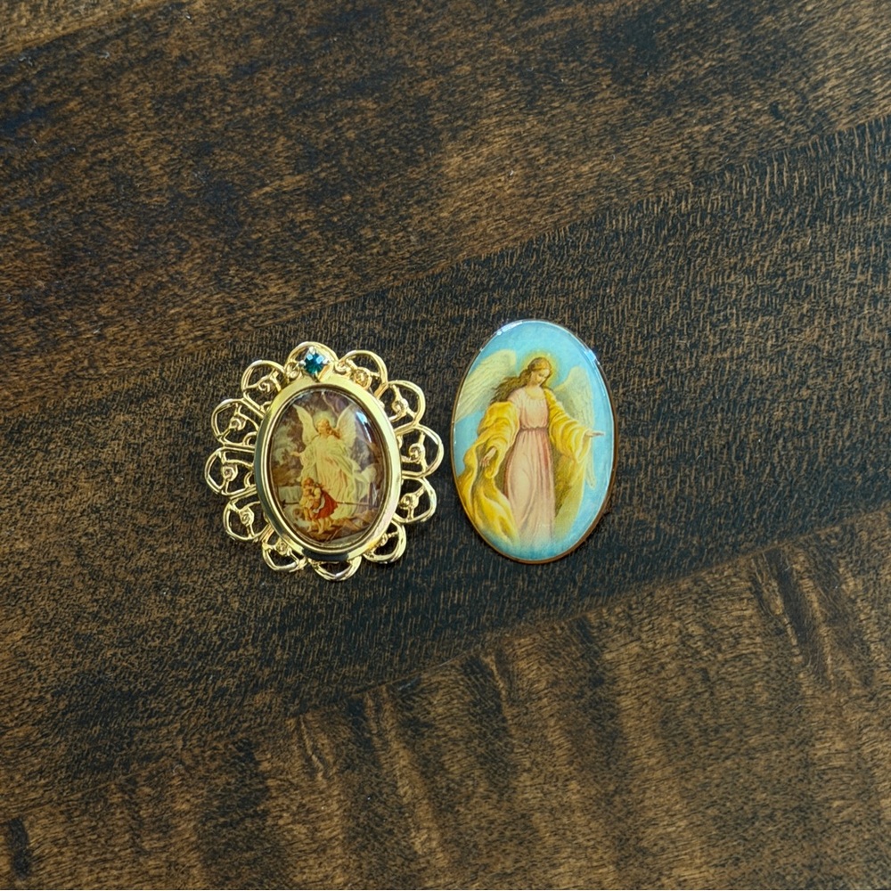 SET OF TWO Vintage Guardian Angel Lapel Brooch Pins